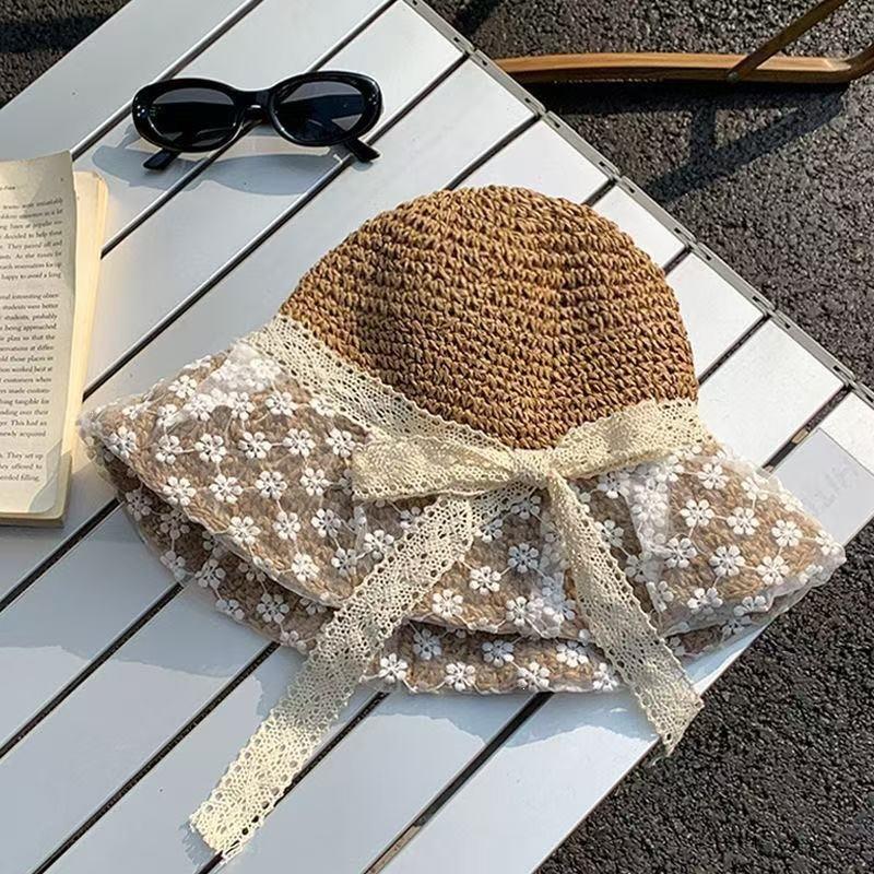 Straw Hat Sun Hat Women's New Japanese Style Fresh Lace Straw Hat Summer Travel Sun Hat Big Brim Beach