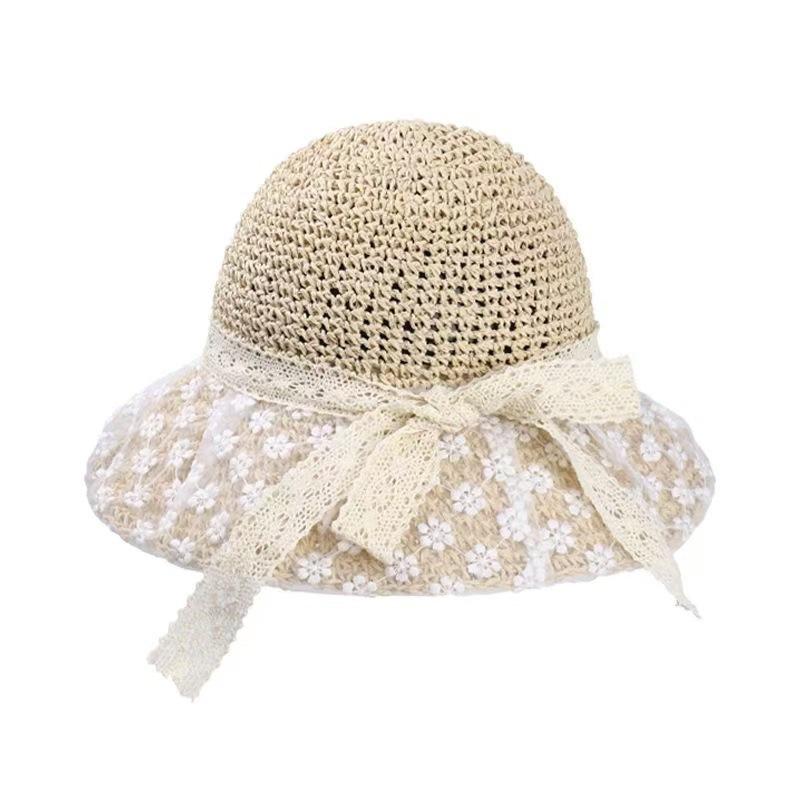 Straw Hat Sun Hat Women's New Japanese Style Fresh Lace Straw Hat Summer Travel Sun Hat Big Brim Beach