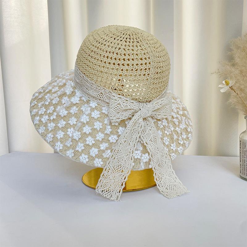 Straw Hat Sun Hat Women's New Japanese Style Fresh Lace Straw Hat Summer Travel Sun Hat Big Brim Beach