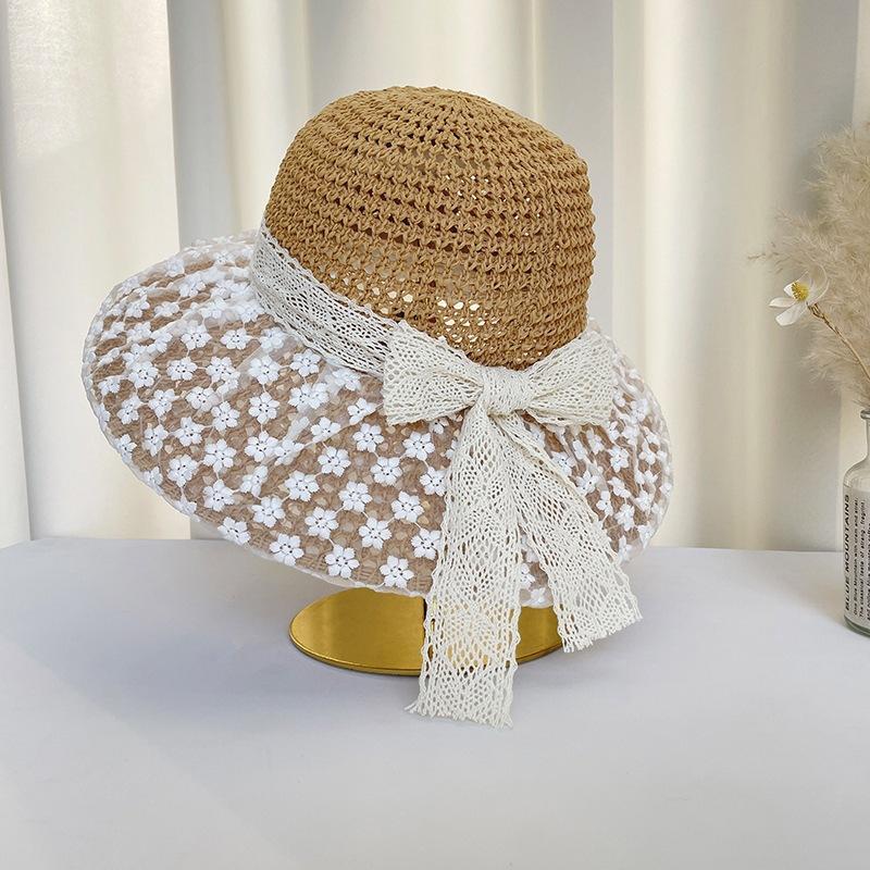 Straw Hat Sun Hat Women's New Japanese Style Fresh Lace Straw Hat Summer Travel Sun Hat Big Brim Beach