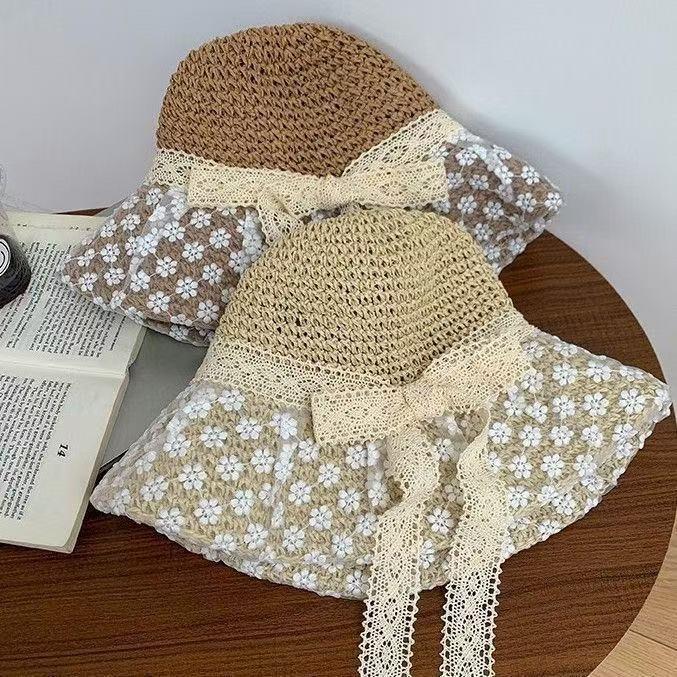 Straw Hat Sun Hat Women's New Japanese Style Fresh Lace Straw Hat Summer Travel Sun Hat Big Brim Beach