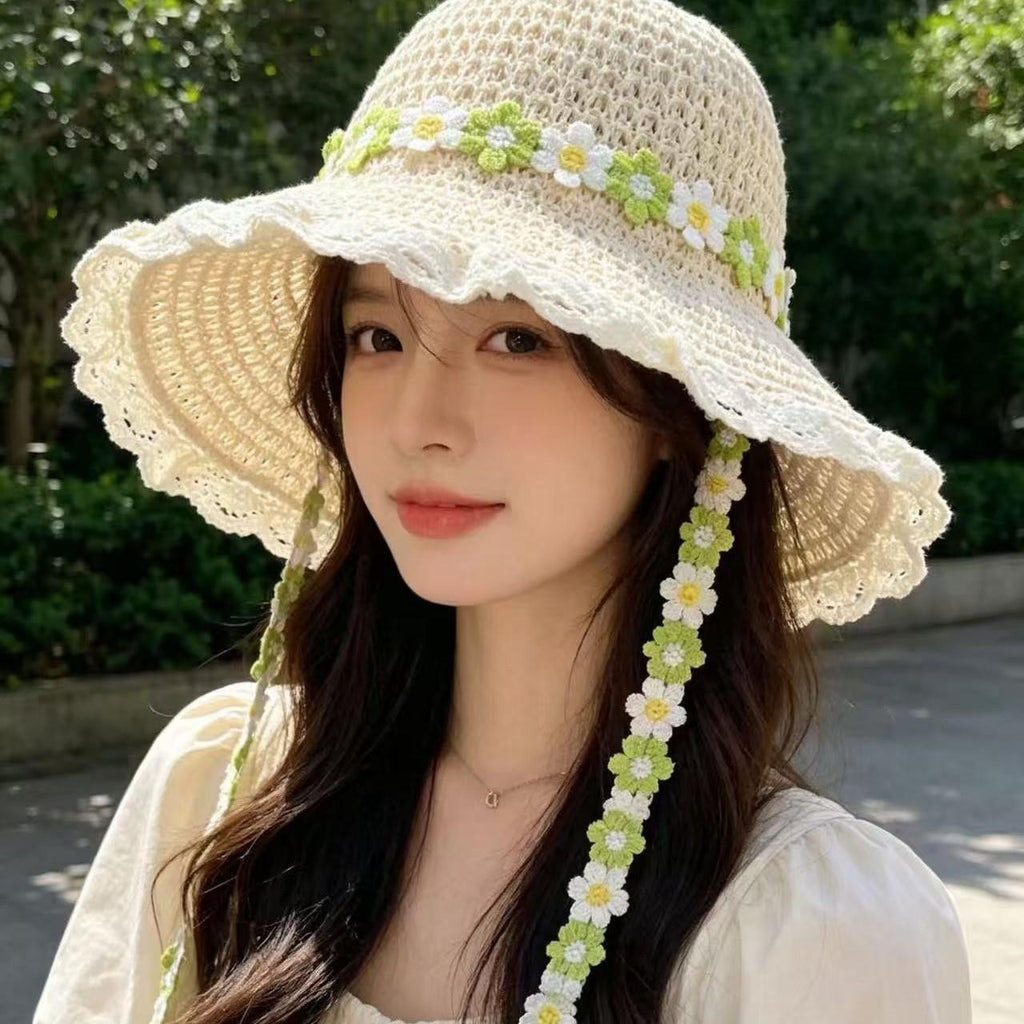 Lace Ribbon Hollow Straw Hat Women's Summer Travel Sun Protection Beach Hat Women's 2026 New Seaside Sun Hat