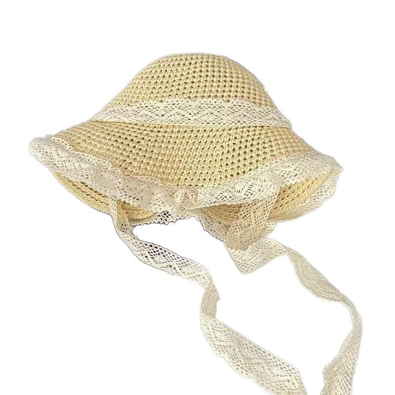 Lace Ribbon Hollow Straw Hat Women's Summer Travel Sun Protection Beach Hat Women's 2026 New Seaside Sun Hat