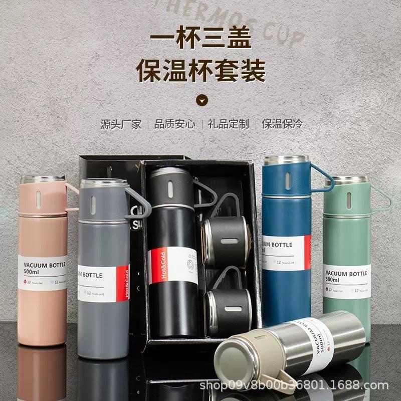 Cross-Border 304 One Cup, Three-Lid Dual-Purpose Outdoor Stainless Steel Vacuum Vacuum Cup, Large Capacity Portable Water Cup, All Steel