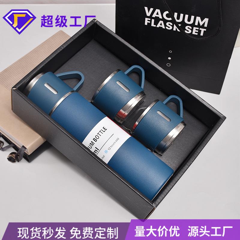 New Business Stainless Steel Vacuum Vacuum Cup Set Cup One Cup Three Lid Gift Straight Water Cup Portable Outdoor Cup