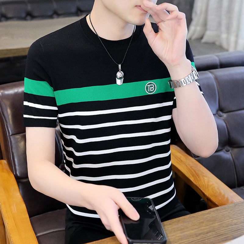 Summer Men's Ice Silk Short-Sleeved T-shirt Men's T-shirt 2024 New Men's Quick-Drying T-shirt Striped Clothes T-shirt