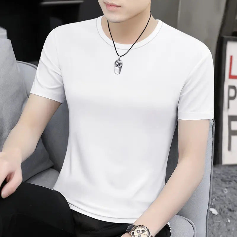 Ice Silk Short-Sleeved T-shirt Men's Summer round Neck Quick-Drying Slim-Fit Solid Color T-shirt Top Clothes Men's Fashion All-Matching Handsome
