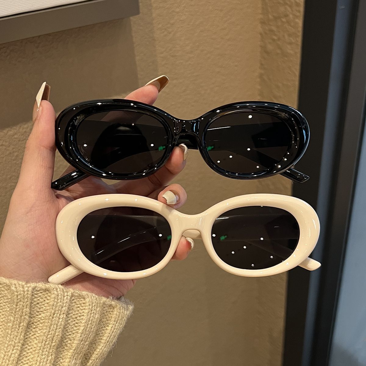 Oval White Frame Sunglasses European and American Concave Sunglasses Women's Big Face Cat Eye Sun Protection High-Grade INS Slimming