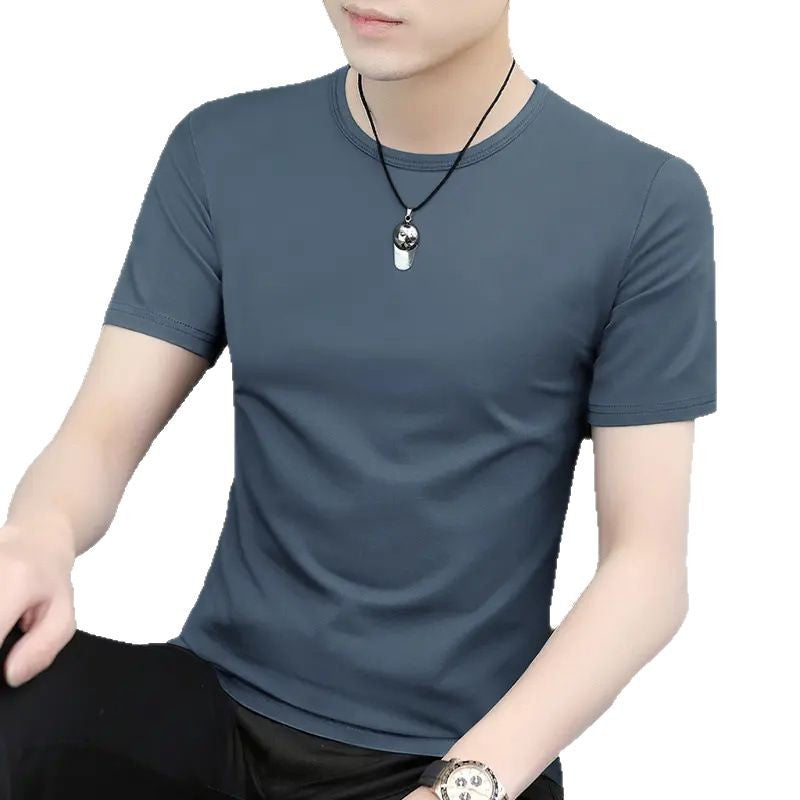 Ice Silk Short-Sleeved T-shirt Men's Summer round Neck Quick-Drying Slim-Fit Solid Color T-shirt Top Clothes Men's Fashion All-Matching Handsome