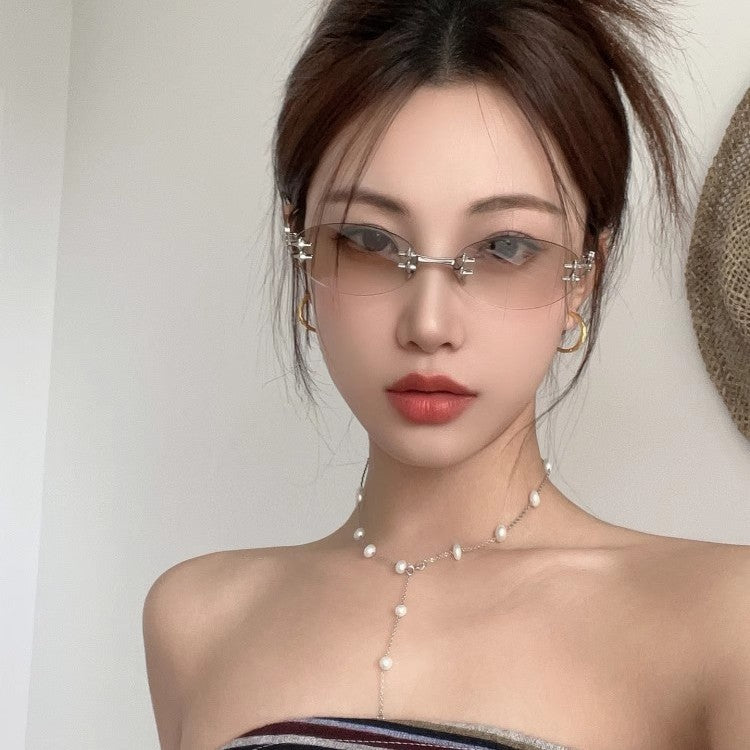 Jennie Frameless Nerd Water Silver Sunglasses Women's Fashionable Concave Style Hot Girl Summer Sunglasses Cool