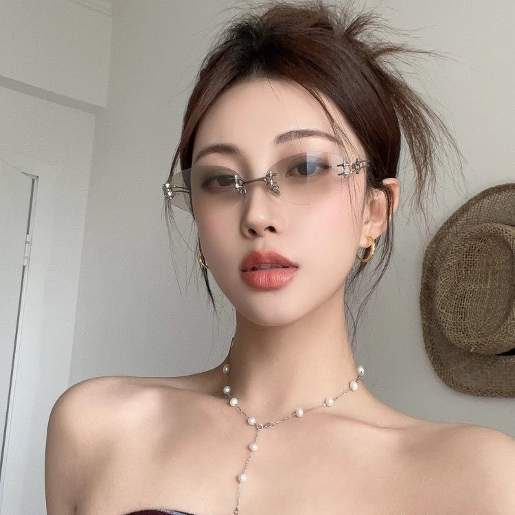 Jennie Frameless Nerd Water Silver Sunglasses Women's Fashionable Concave Style Hot Girl Summer Sunglasses Cool