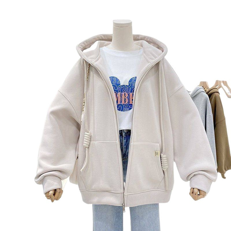 Fleece-Lined Cardigan Hoodie Hooded Coat for Women Autumn and Winter Korean Style Lazy Style Loose Zipper Casual Thickened Warm Top