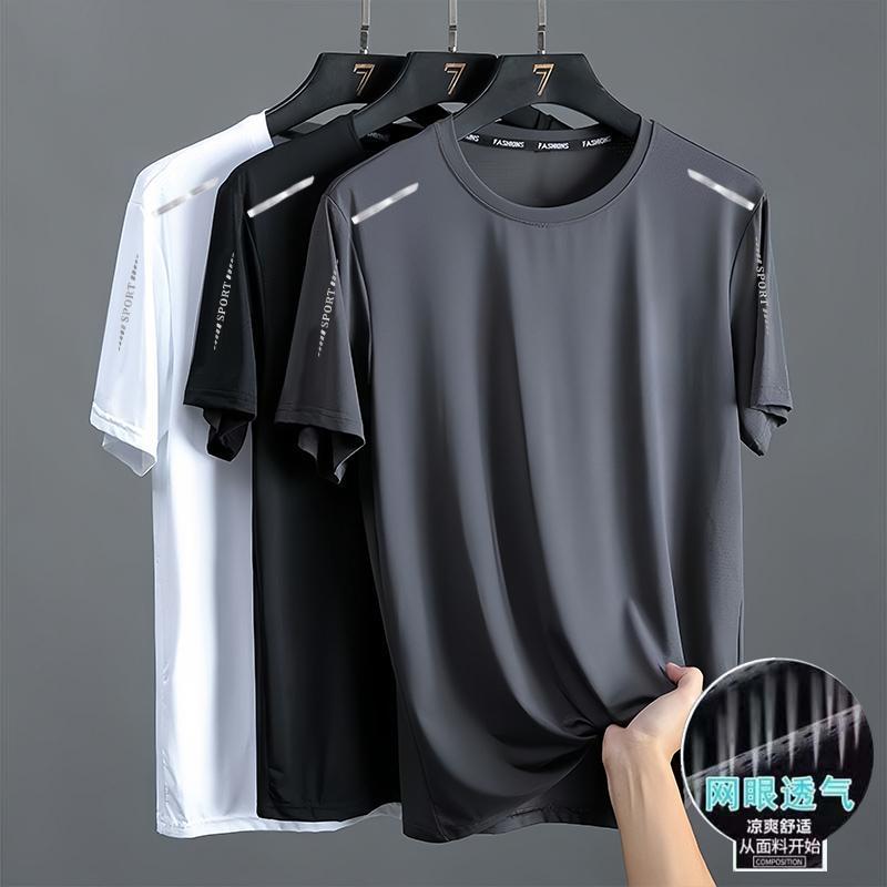 Summer Quick-Drying T-shirt Men's Half Sleeve Loose Cool Breathable Fitness Running Large Size Stretch Quick-Drying Clothes Sports Short Sleeve