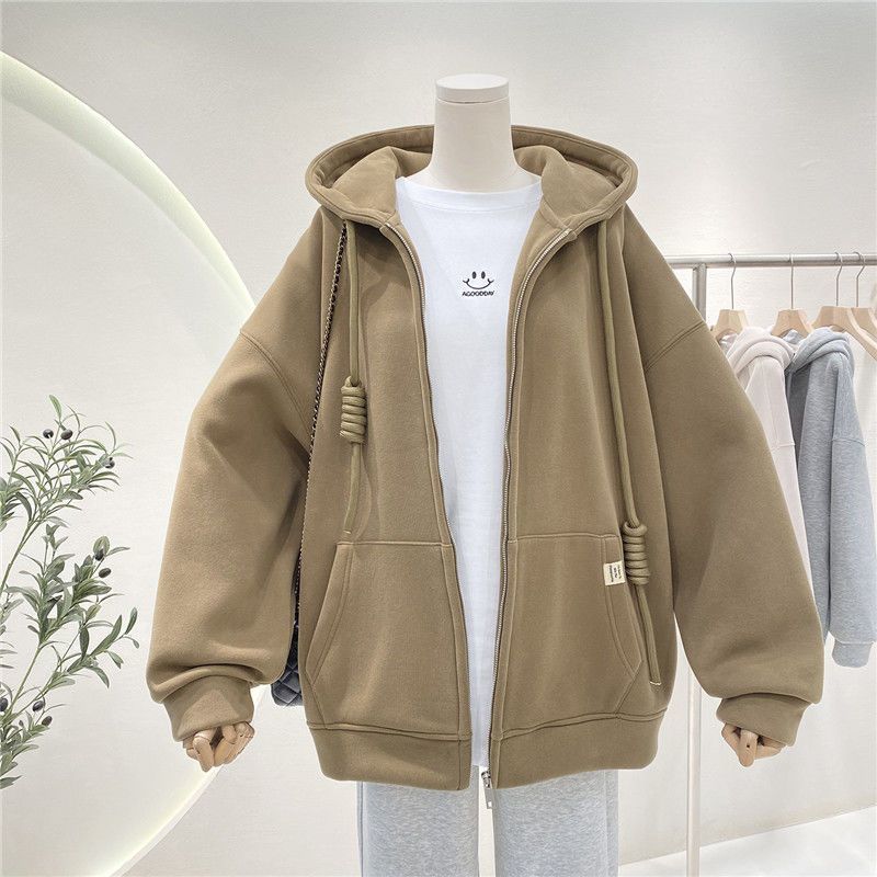 Fleece-Lined Cardigan Hoodie Hooded Coat for Women Autumn and Winter Korean Style Lazy Style Loose Zipper Casual Thickened Warm Top