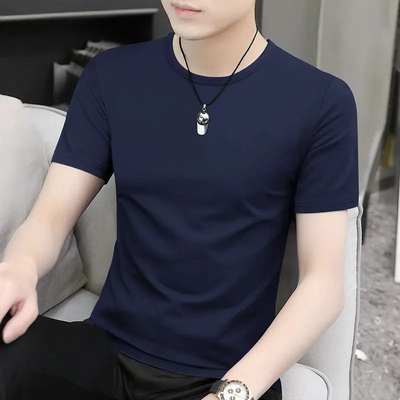 Ice Silk Short-Sleeved T-shirt Men's Summer round Neck Quick-Drying Slim-Fit Solid Color T-shirt Top Clothes Men's Fashion All-Matching Handsome