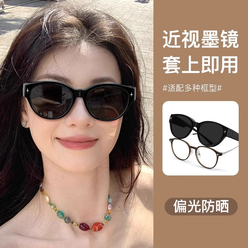 Cat Eye Sunglasses Can Cover Myopia Glasses Women's Square round Face Driving Clip Cover Polarized Sunglasses UV-Proof