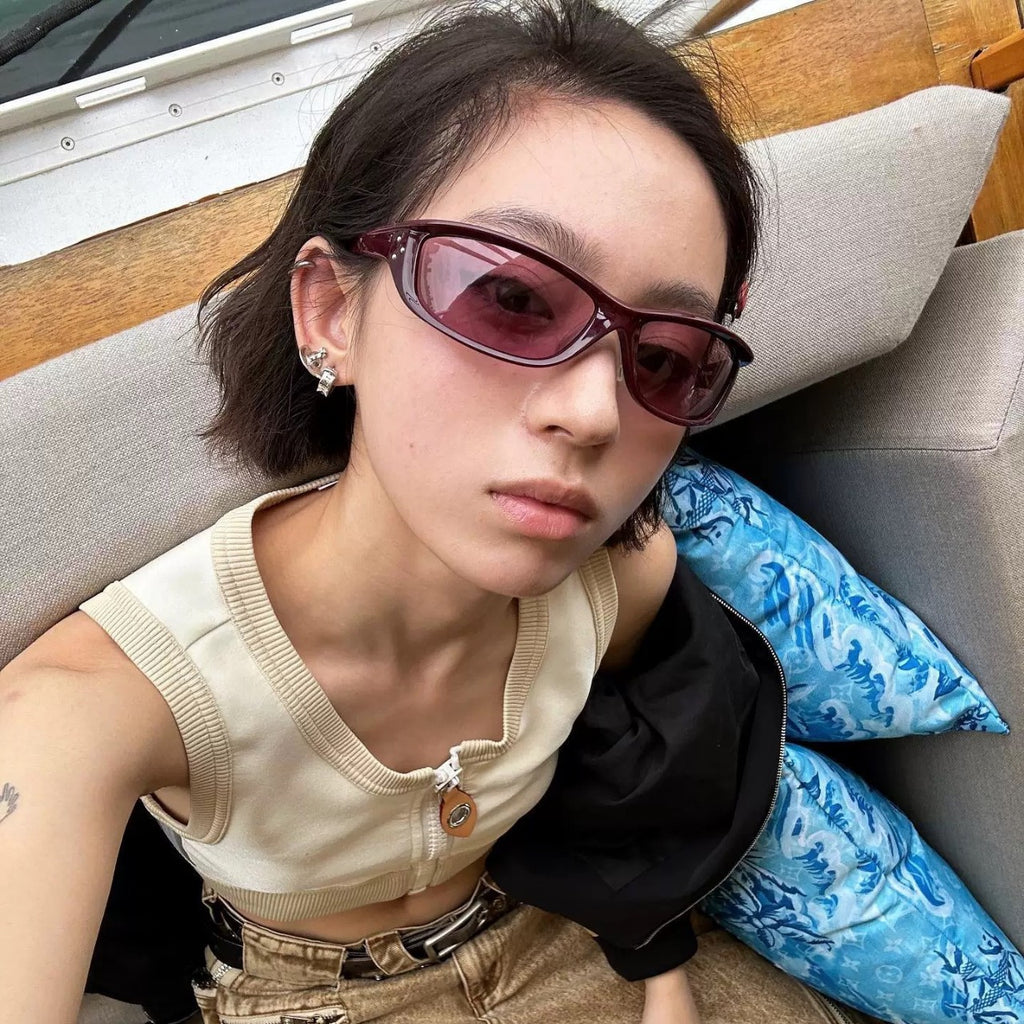 Korean Style Trendy Photography Rectangular Riding Sunglasses Millennium Style Y2g Retro Future Sunglasses Men and Women Concave Shape