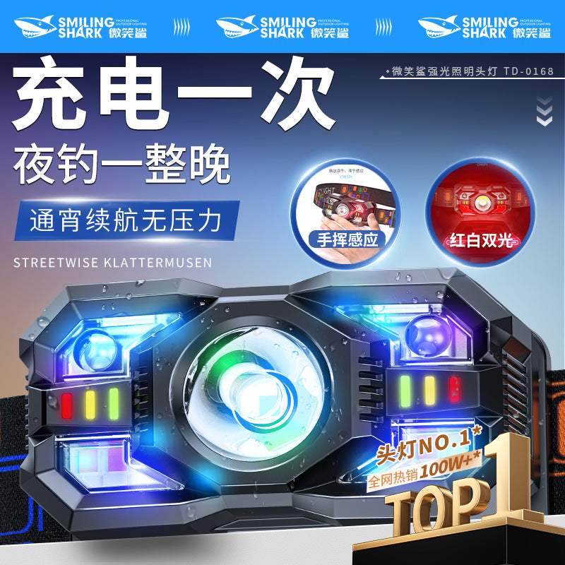 Smiling Shark New Outdoor Induction Night Fishing Head Wearing Light Red and White Double Light Mini Portable Poly Floodlight Abs Head