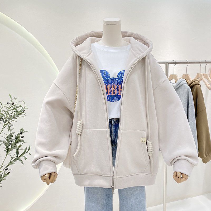 Fleece-Lined Cardigan Hoodie Hooded Coat for Women Autumn and Winter Korean Style Lazy Style Loose Zipper Casual Thickened Warm Top
