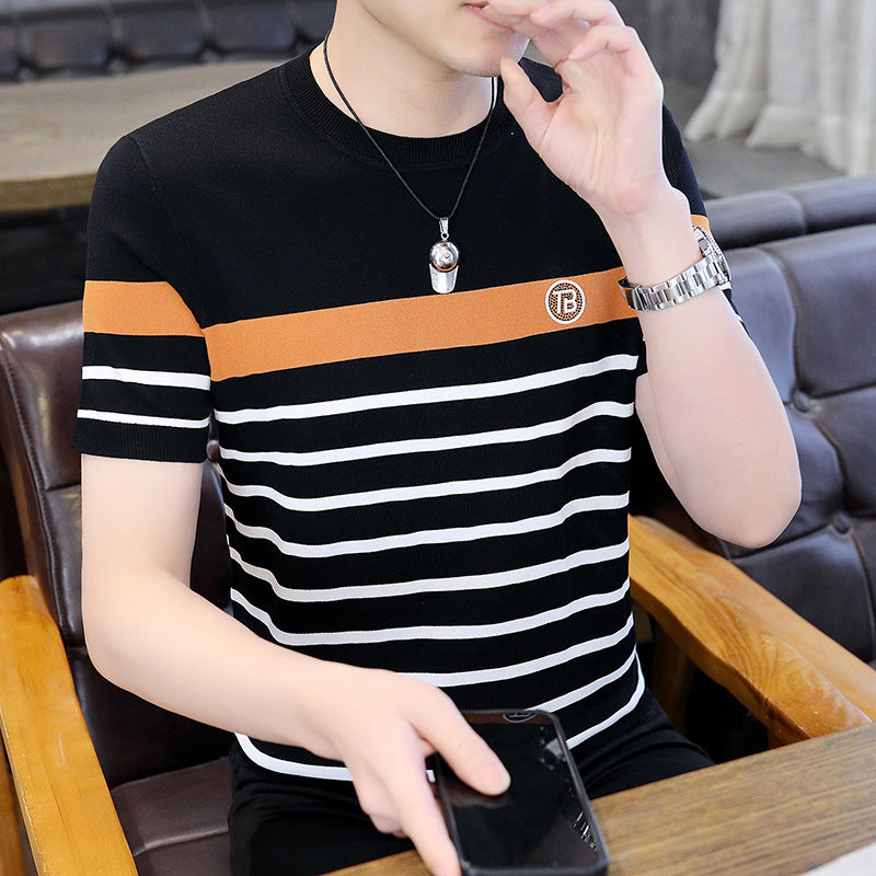 Summer Men's Ice Silk Short-Sleeved T-shirt Men's T-shirt 2024 New Men's Quick-Drying T-shirt Striped Clothes T-shirt