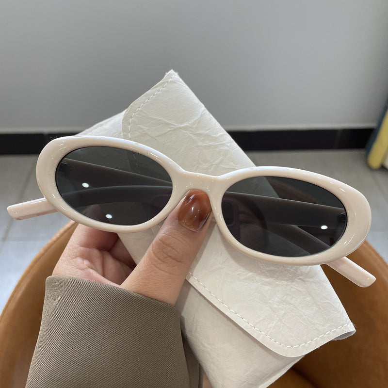 Retro Oval Sunglasses Women's High-Grade INS 2023 New White Sunglasses Summer UV-Proof Strong Light-