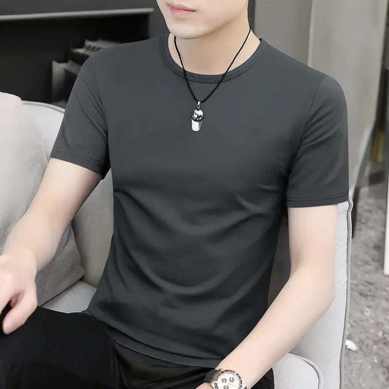 Ice Silk Short-Sleeved T-shirt Men's Summer round Neck Quick-Drying Slim-Fit Solid Color T-shirt Top Clothes Men's Fashion All-Matching Handsome