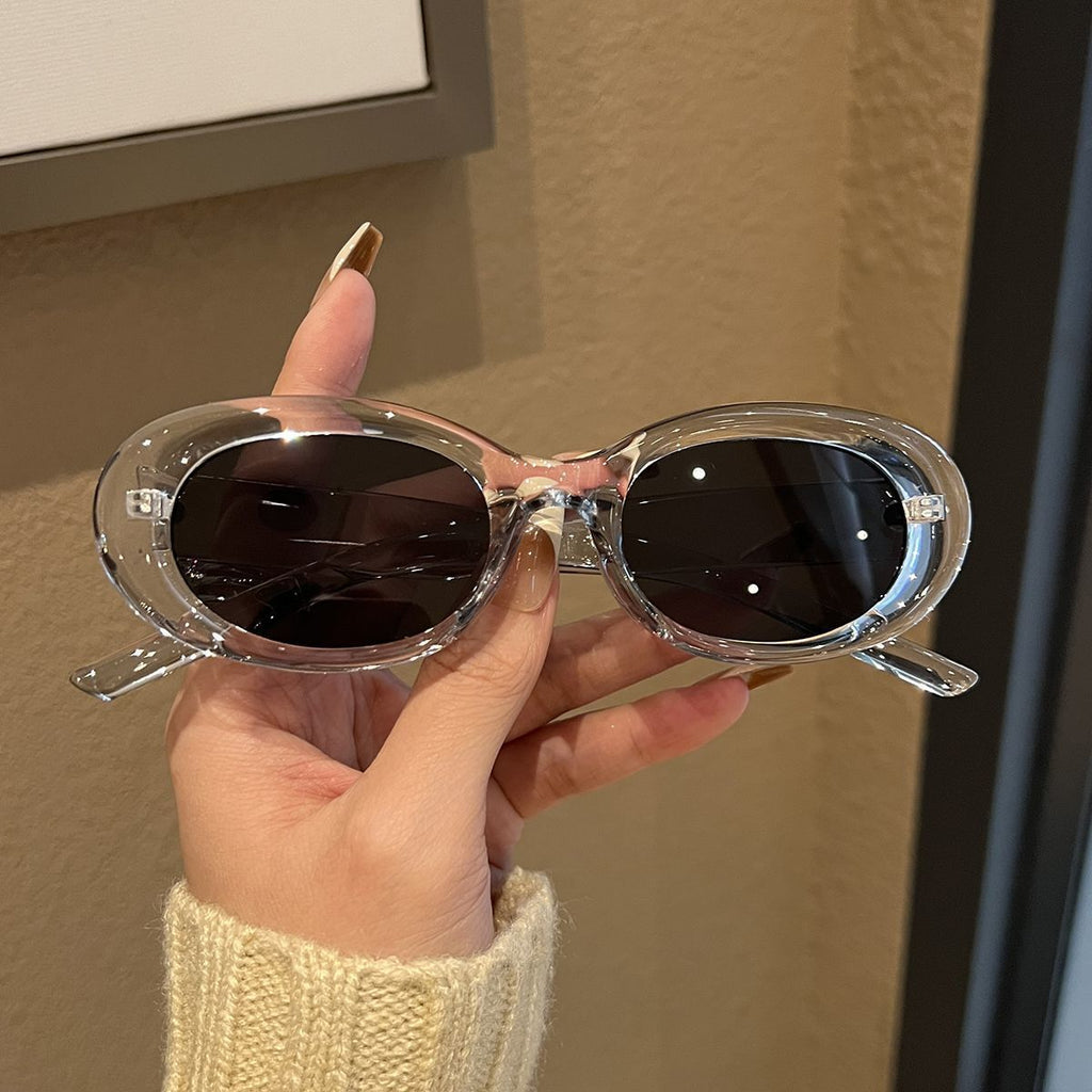 Oval White Frame Sunglasses European and American Concave Sunglasses Women's Big Face Cat Eye Sun Protection High-Grade INS Slimming