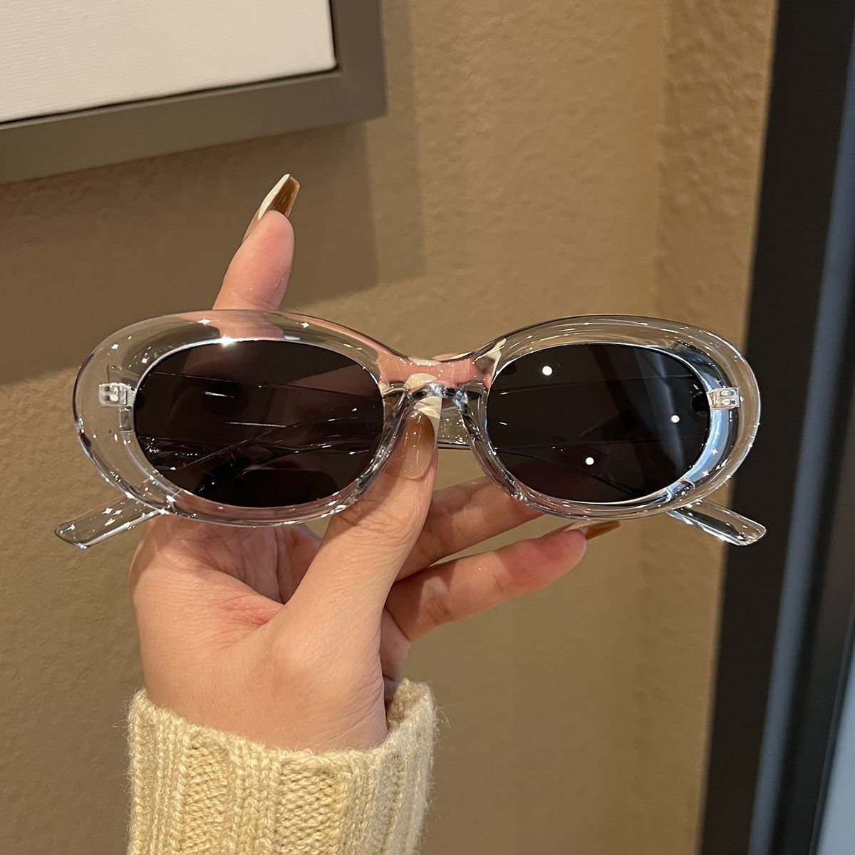Oval White Frame Sunglasses European and American Concave Sunglasses Women's Big Face Cat Eye Sun Protection High-Grade INS Slimming