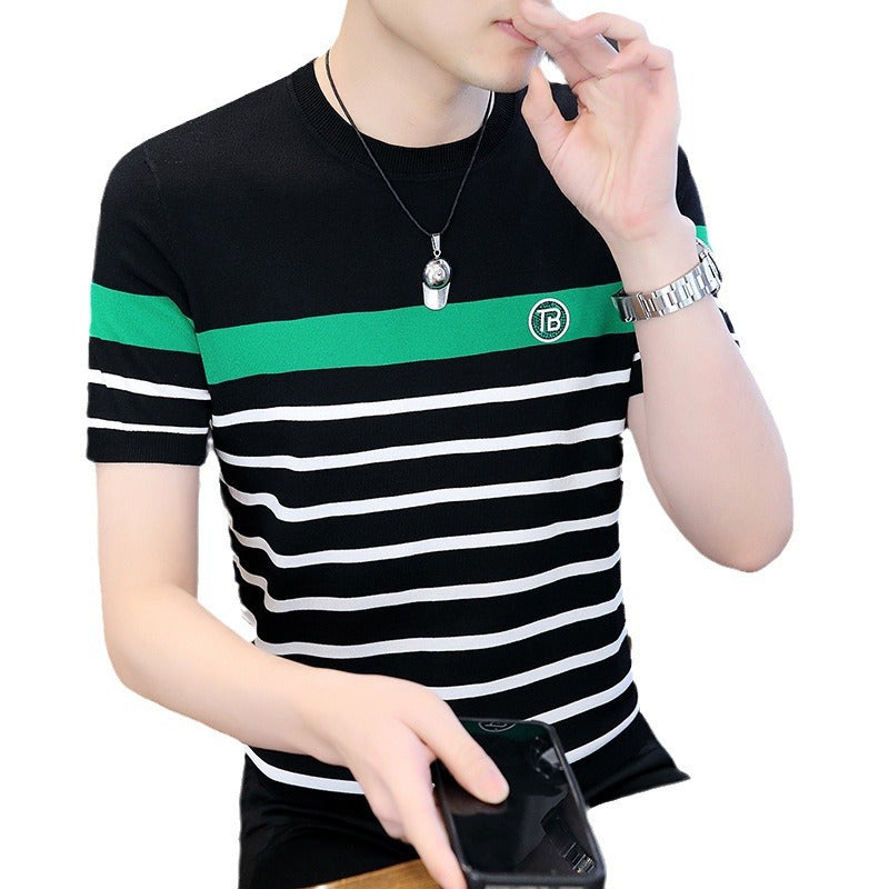 Summer Men's Ice Silk Short-Sleeved T-shirt Men's T-shirt 2024 New Men's Quick-Drying T-shirt Striped Clothes T-shirt