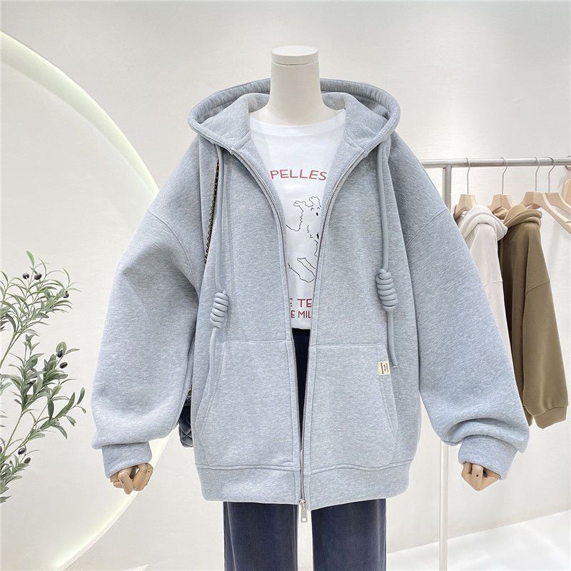 Fleece-Lined Cardigan Hoodie Hooded Coat for Women Autumn and Winter Korean Style Lazy Style Loose Zipper Casual Thickened Warm Top