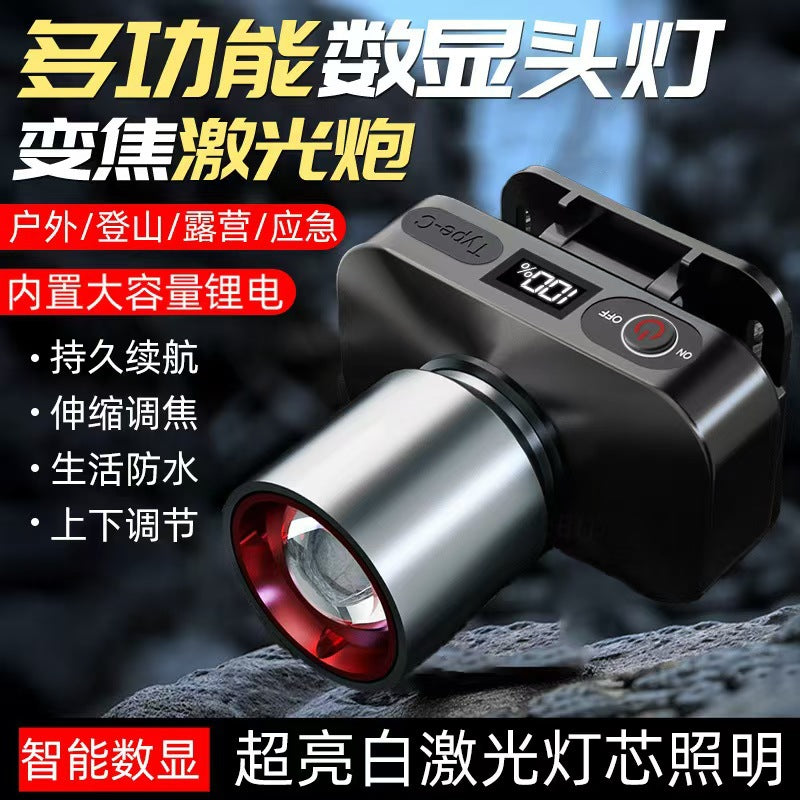 Cross-Border New White Laser Headlight Outdoor Camping Lighting Digital Display Telescopic Zoom Head-Mounted Waterproof Night Fishing Lamp