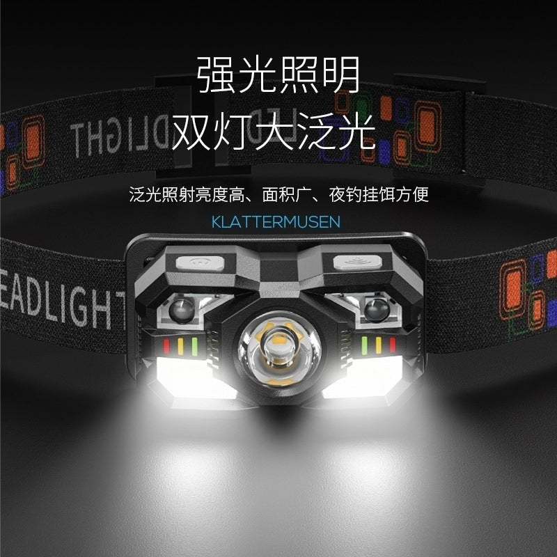 Cross-Border Outdoor Poly Floodlight ABS Headlamp Induction Night Fishing Headlamp Red and White Dual Light Mini Headlamp Portable