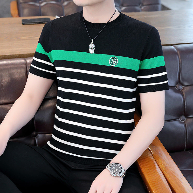 Summer Men's Ice Silk Short-Sleeved T-shirt Men's T-shirt 2024 New Men's Quick-Drying T-shirt Striped Clothes T-shirt
