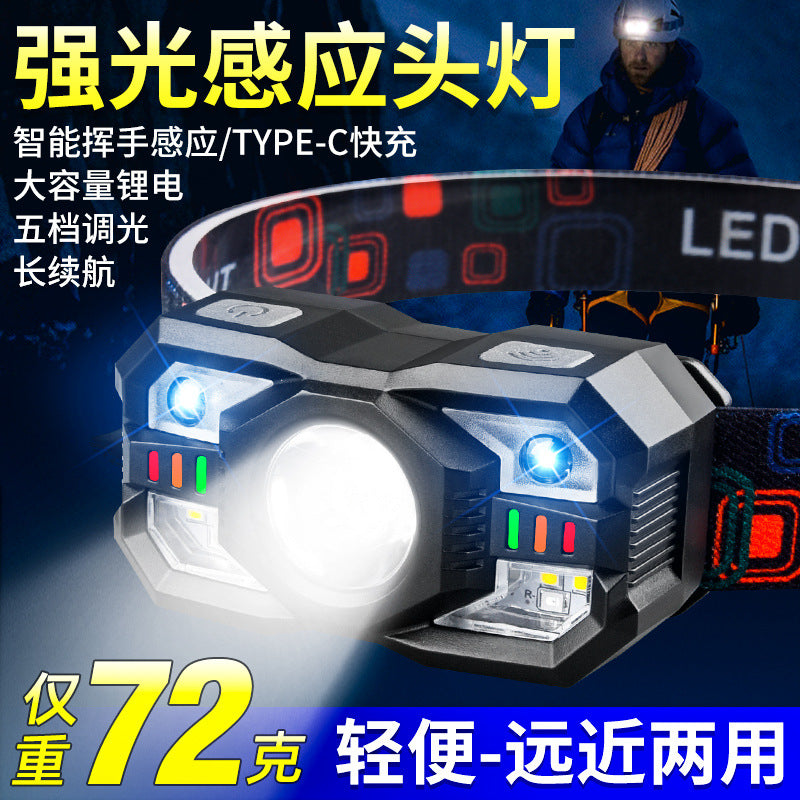 Hot-Selling Strong Light Headlamp Intelligent Induction Multi-Function Outdoor Night Fishing Long-Range Portable Rechargeable Working Miner Lamp