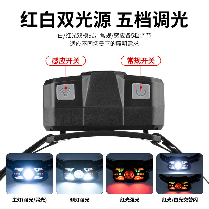 New Wave Induction Headlight Strong Light Long Shot Night Fishing Outdoor Charging Multifunctional Portable Head-Mounted Flashlight